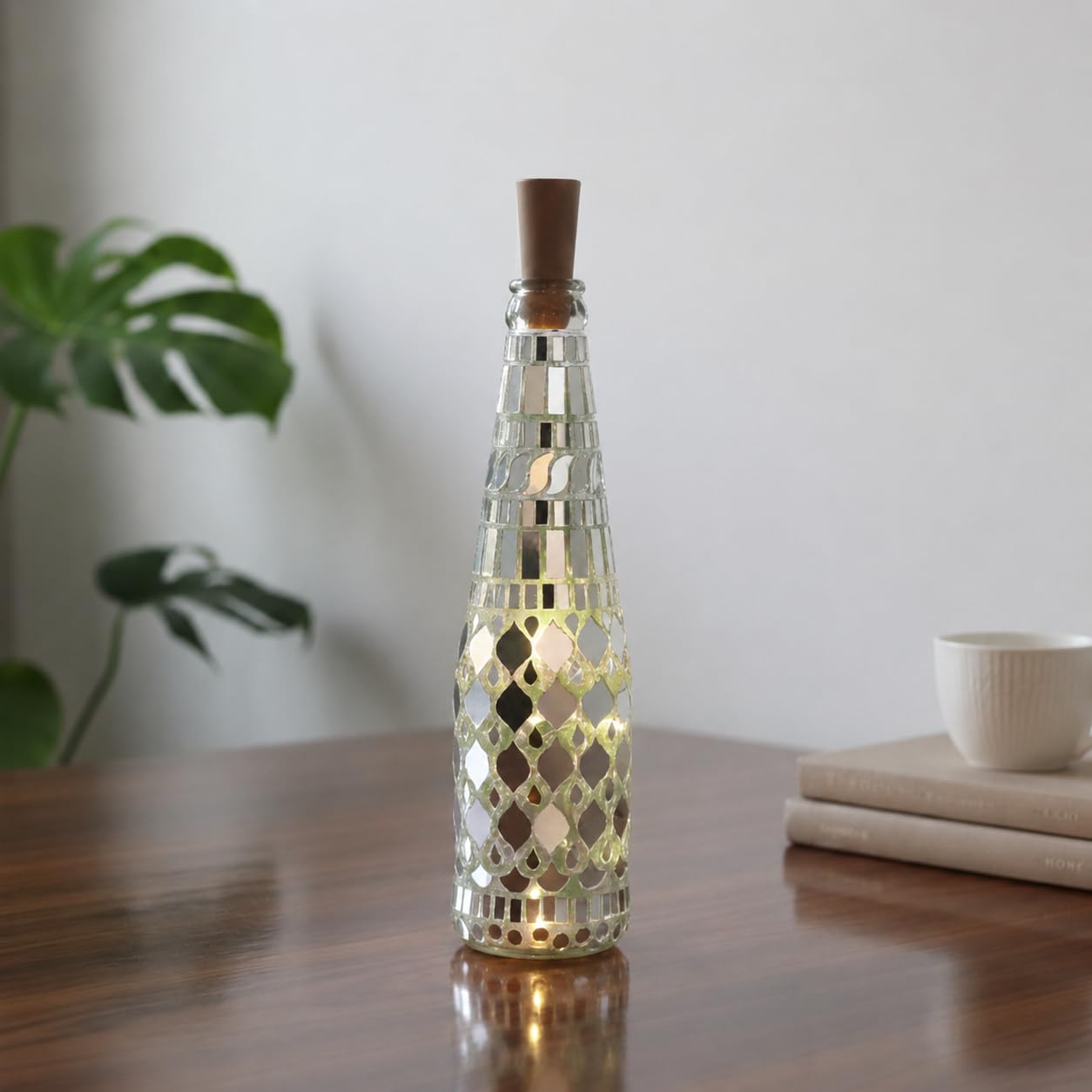LED Mirror Mosaic Decorative Bottle Light | Handmade Recycled Glass Candle Lamp | Home & Festive Decoration for Living Room, Table, Bedroom, Party & Gift Décor-image-46