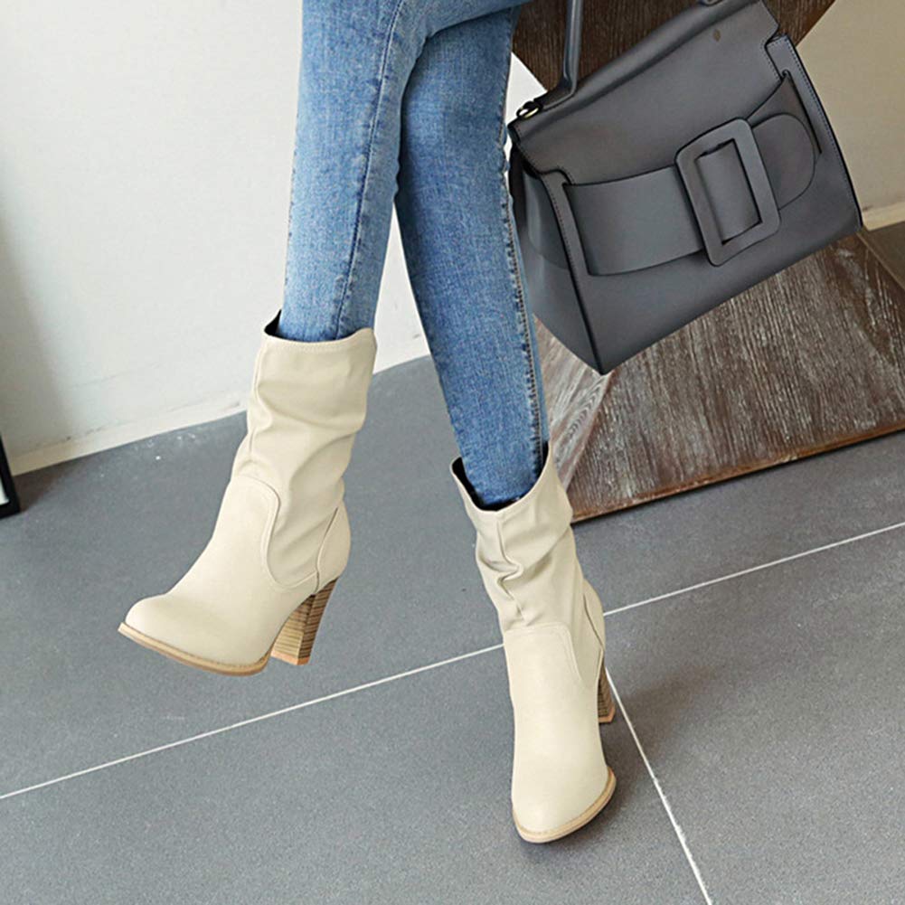 Mujer Elegante Tacón de Bloque Sin Cordones Botas de Pantorrilla Fruncidas Mullido Botas Holgadas