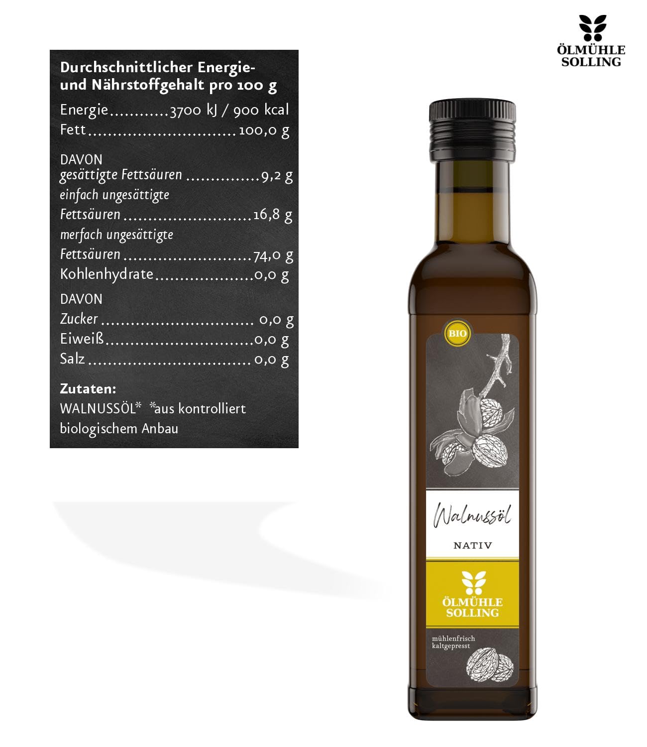 Ölmühle Solling Olej z orzechów włoskich 250 ml - tłoczony na zimno - natywny - BIO