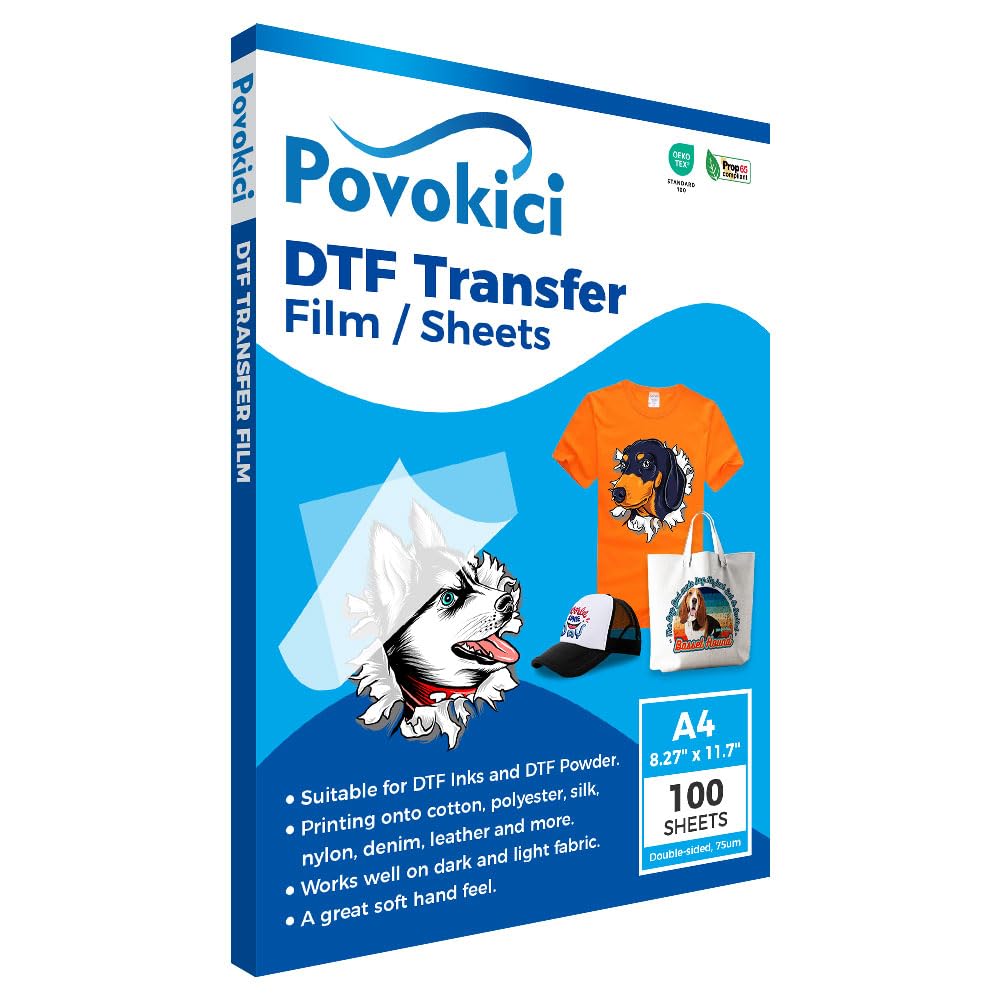 POVOKICI DTF Transfer Film Roll 328ft PreTreat PET Heat Transfer Paper Premium Roll-Single Sided/Double Sided Hot Peel for DYI Direct Print on T-Shirt Textile (A4 100 Sheets)