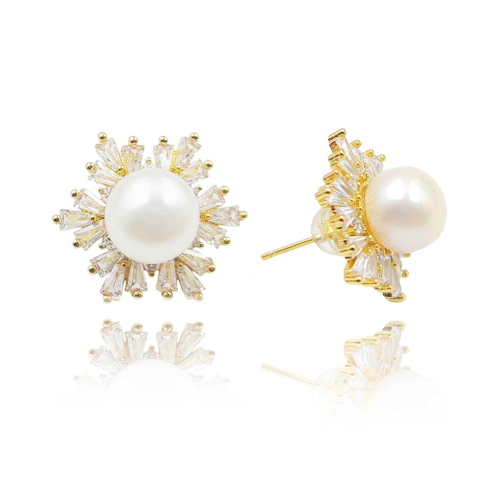 MOONCICIReal Pearl Stud Earrings, 18K Gold Plated, Snowflake Design, 925 Sterling Silver, Handpicked Freshwater Pearl, Cubic Zirconia, Festival Accessories, Hypoallergenic, Stylish, Fashion, Delicate, Statement Jewelry, Gifts for Women, Wife, Mom, Girls, Her