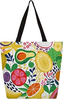 Sacola de lona para mulheres, abacate, limão, banana, fruta, sacola grande para homens com bolsos, sacolas de compras resistentes, sacolas de compras reutilizáveis, bolsa de ombro casual para escola, trabalho, praia, Multicor