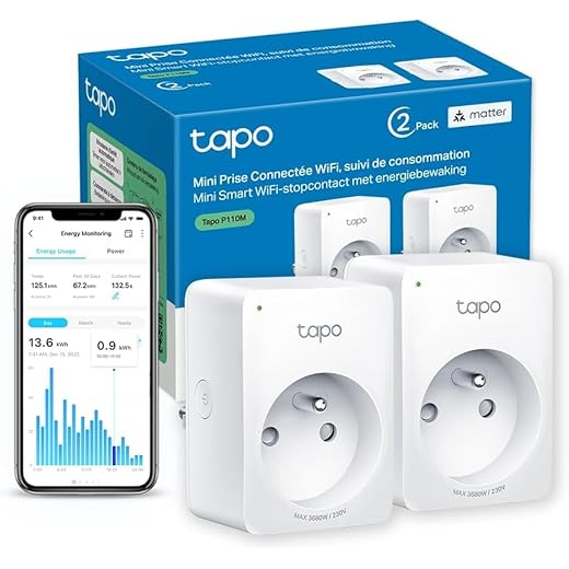 Tapo Matter Prise Connectée WiFi, Suivi de consommation, 16A Type E, Compatible avec Alexa, Google Home et SmartThings, Contrôler le radiateur, le chauffage, Économie d'énergie, Tapo P110M 2-pack(FR)