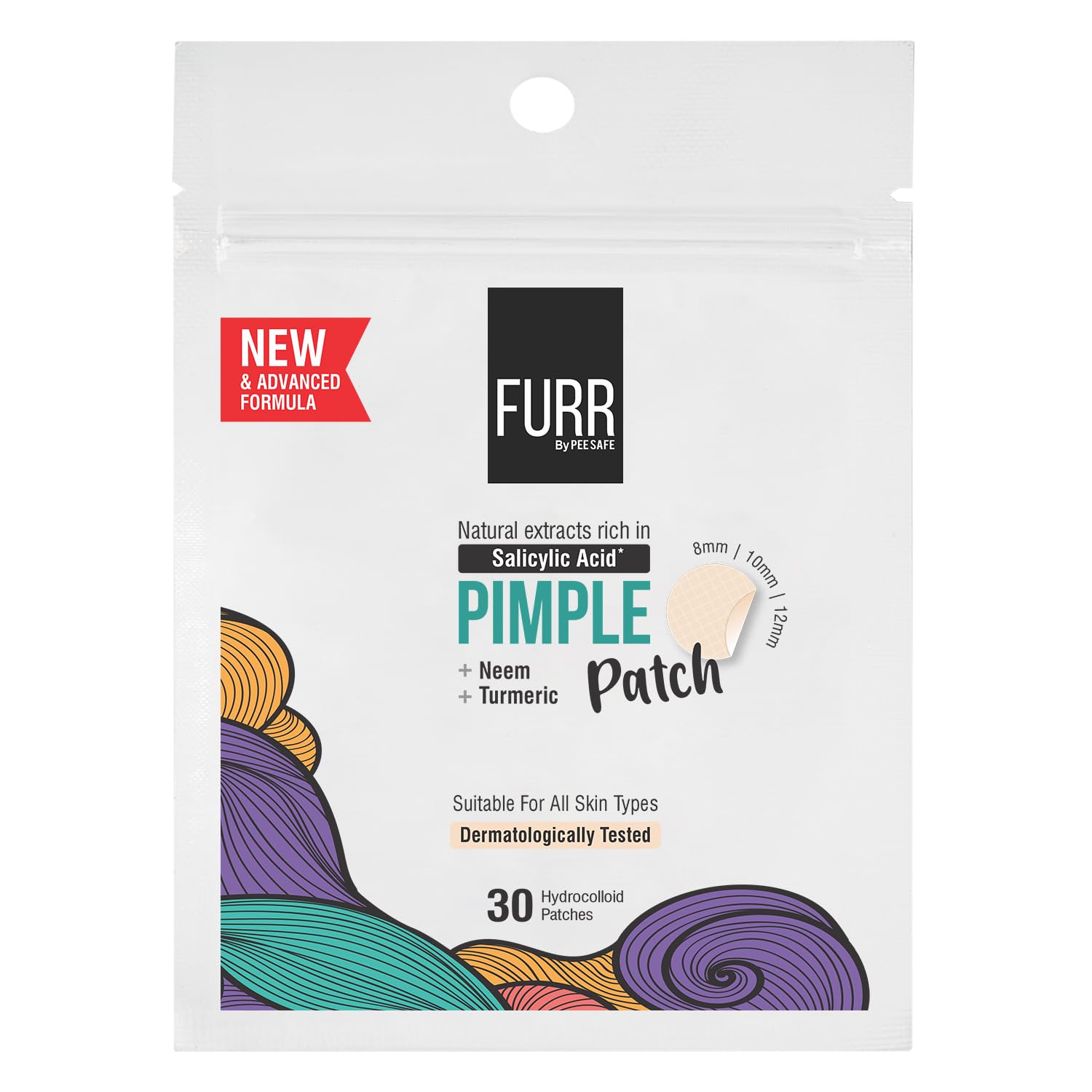 FURR Acne Patches | 30 Hydrocolloid Pimple Patches in 3 SIZES | with TURMERIC & NEEM | ABSORBS Oils & Prevents SCARRING | Anti Inflammatory | For all Skin Types | Reduces Acne, Spots and Blemishes