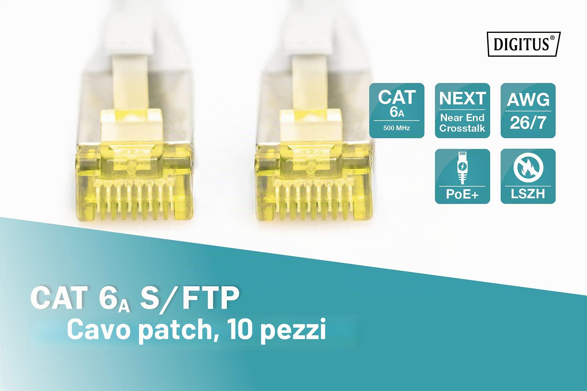 DIGITUS Cavo LAN Cat 6A 0,5 m 10 pezzi S/FTP schermato 10 Gbit/s 500 MHz PoE++ AWG 26/7 LSZH Cavo di rete RJ45 Grigio