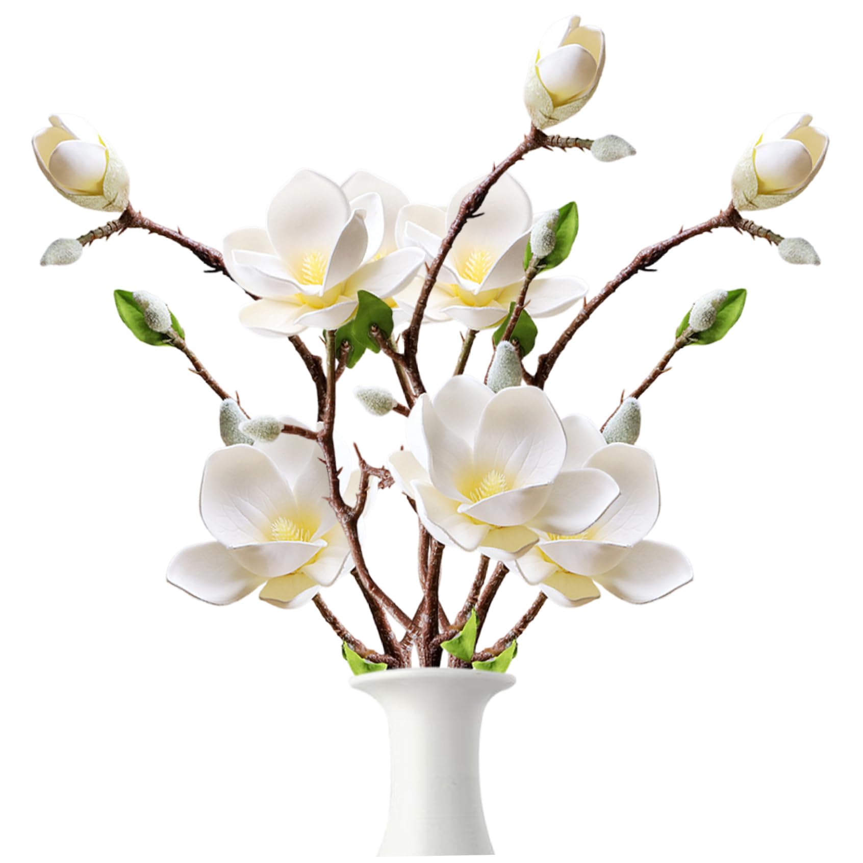 Tsawntd Magnolia Flowers Artificial, 3PCS 20.1 Inch Bendable Faux Magnolia Stems, Realistic Branches for Tall Vase, Home, Office, Wedding Party, Table White Faux Flowers