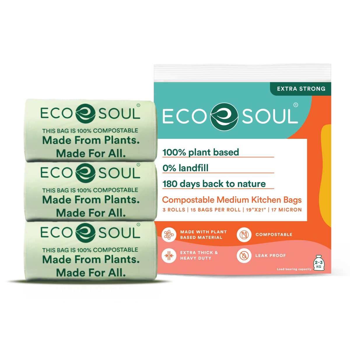 ECO SOUL [19 Inch X 21 Inch,45 Count] Medium Compostable Trash BagsEco-Friendly Non Oxo-Biodegradable Bags For Garbage BinsHeavy Duty&Leak-ResistantHome,Office&Kitchen Use(48 X 53 Cm)