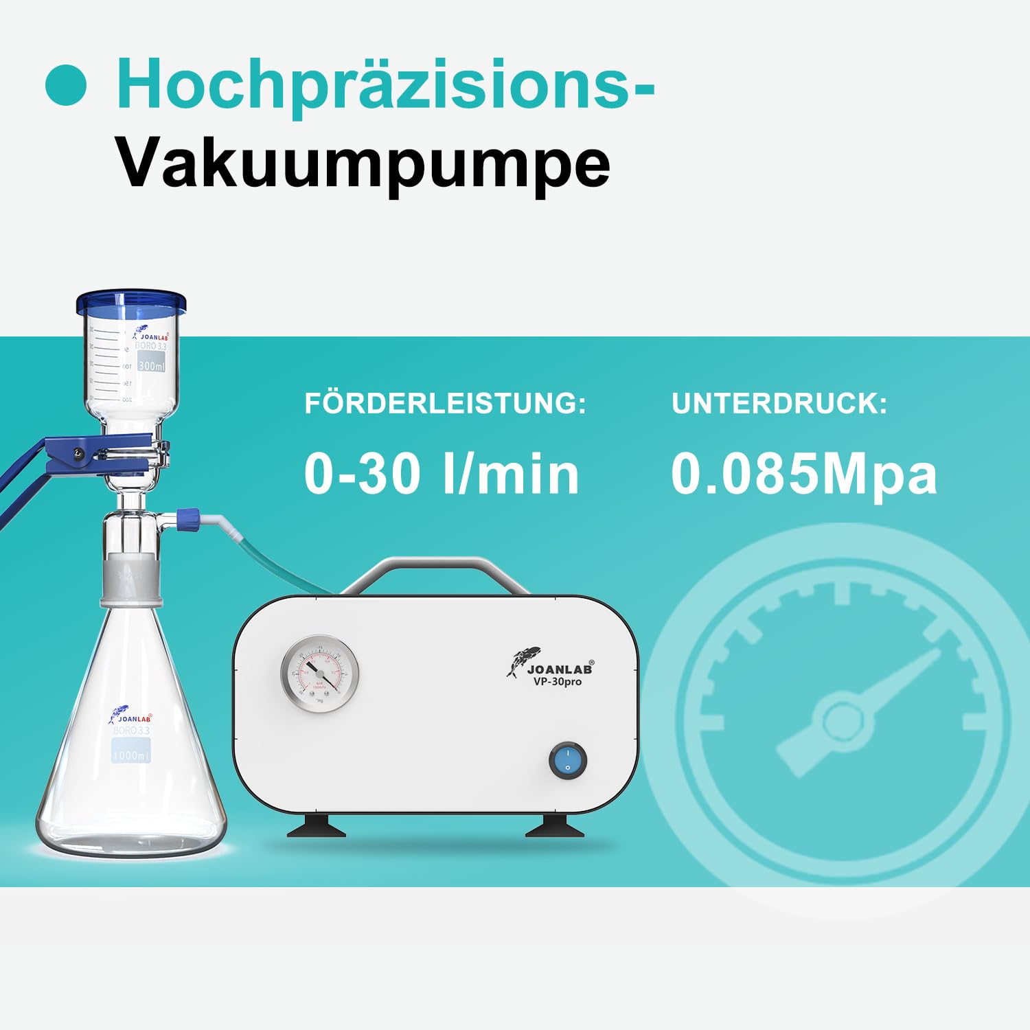 JOANLAB Ölfreie Labor-Vakuumpumpe 30L/min mit Druckregelung für Unter- & Überdruck, 0.085MPa Membranpumpe für Filtration, Forschung, Industrie