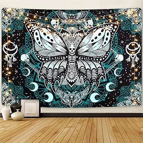 Death Moth Tapestry Skull Tapestry Butterfly Tapestry Gothic Skeleton Tapestry Blue Mandala Tapestry Wall Hanging for Room(51.2 x 59.1 inches) Cover