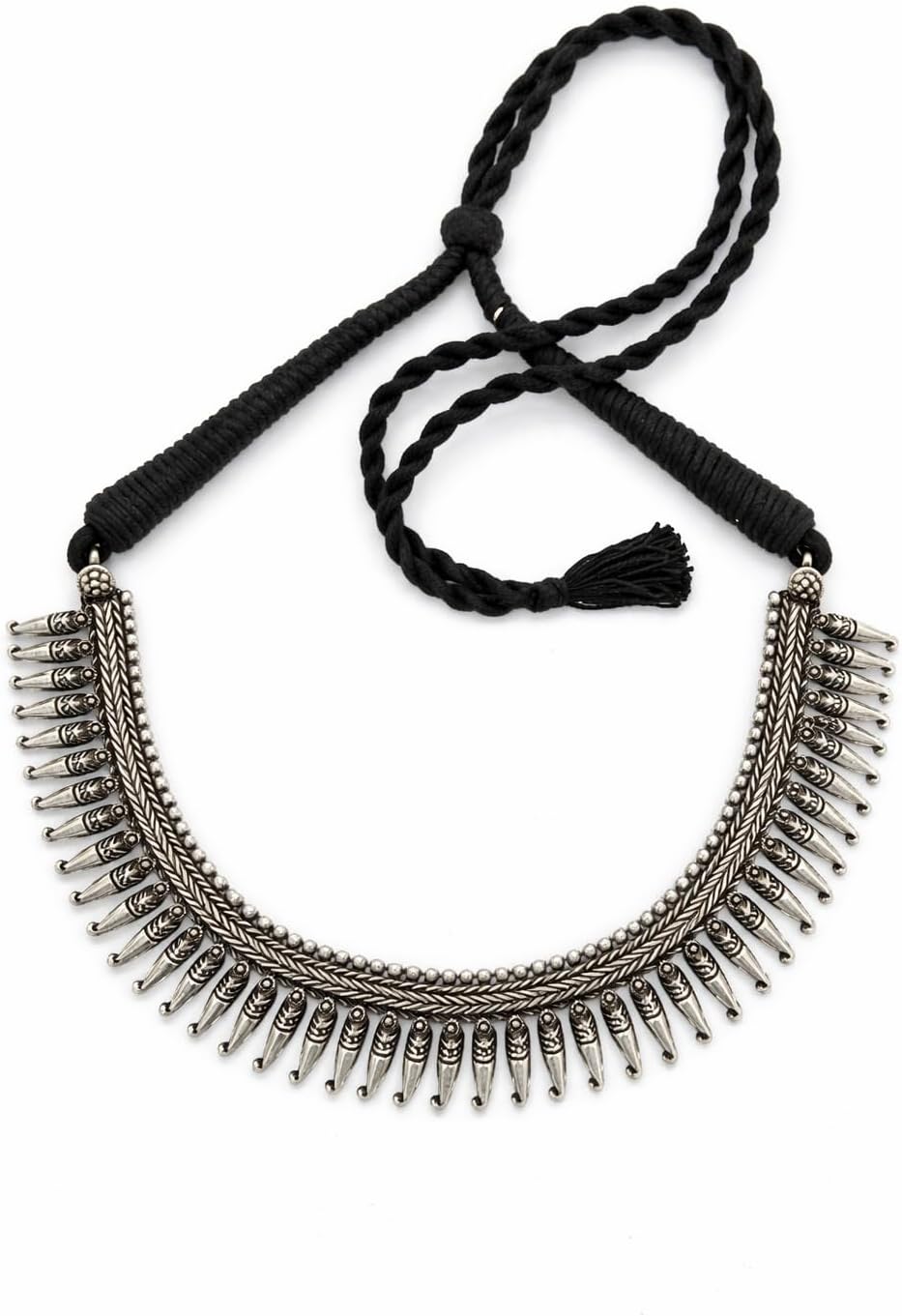 Boho Fabric Choker Necklace for Women – Oxidized Silver Tone Crescent Statement Jewelry with Adjustable Drawstring
