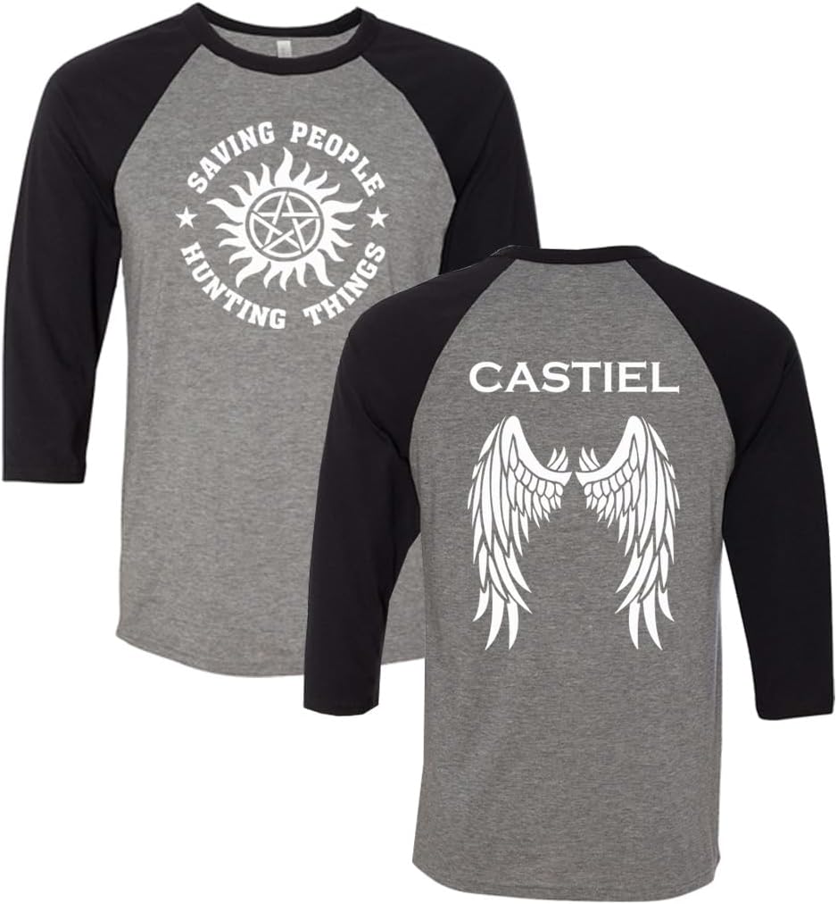 Studio 9Thirty3 Supernatural Castiel Baseball Raglan T-Shirt, 3/4 Sleeve, Gray and Black, Angel Wings Design