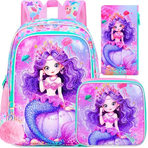 Image of HPJGD 3PCS Mermaid Backpack for Girls, Water Resistant Kids Bookbag Set with Lunch Box,Cute Elementary School Bag for Preschool Toddler