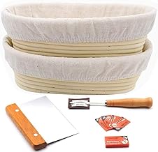 9.8" Bread Proofing Basket for Sourdough set of 2, Includes Metal Dough Scraper, Scoring Lame and Case, Extra Blades, Rising Dough Baking Bowl Gifts for Artisan Bread Making Starter, Oval
