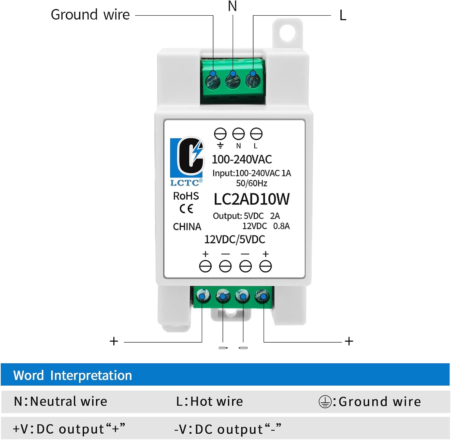 5V 12V Power Supply din Rail，2A 0.8A,Dual Output 10W,Input 100-240Vac,120VAC 115v to 5 Volt, LED, CCTV, Arduino, DIY Electronics 5vdc 12vdc