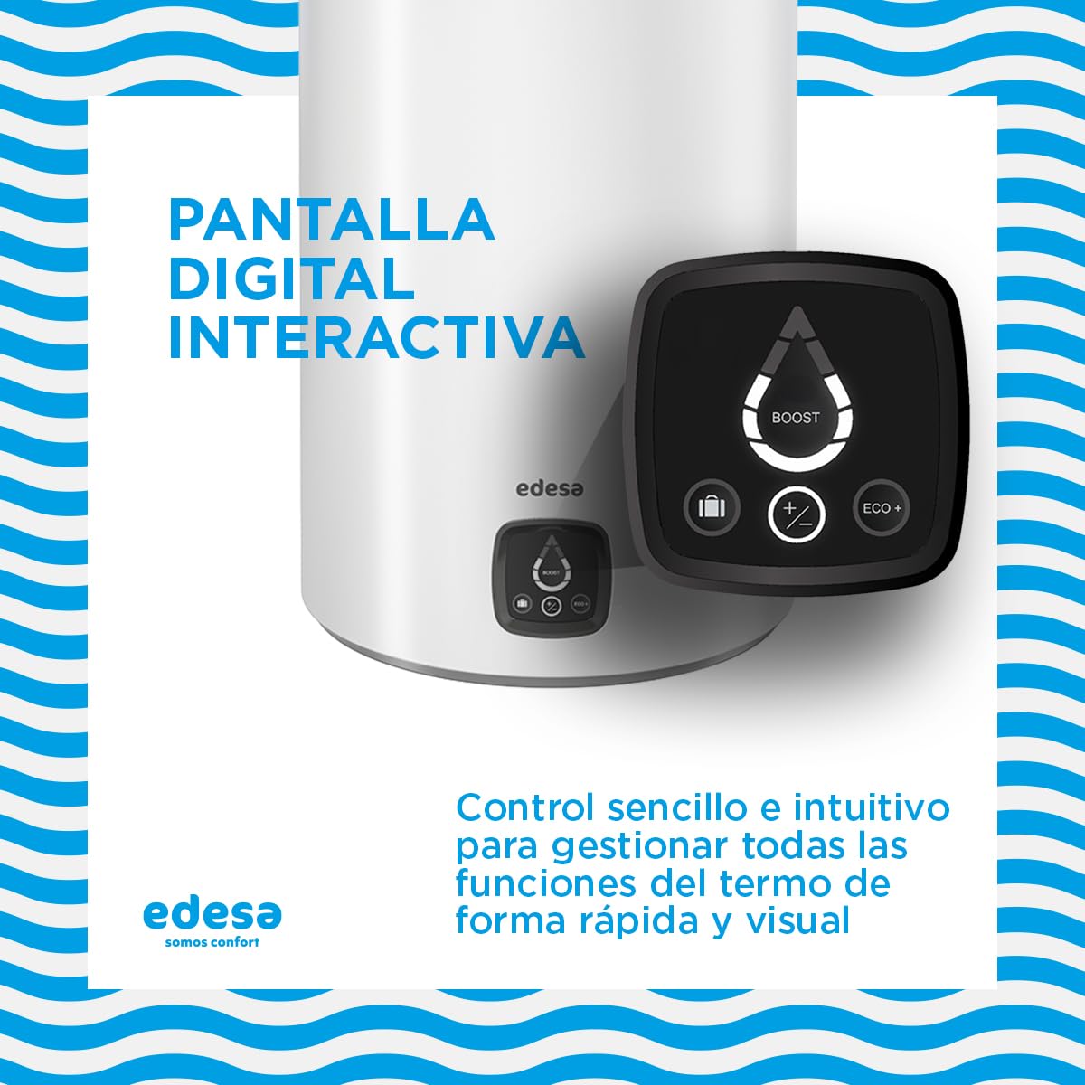 Edesa Digital 80L - Termo Eléctrico 80 Litros Vertical, Calentador de Agua con Pantalla Digital, Función Smart, 86,0 x 43,3 x 45,1 cm, Color Blanco, Eficiencia Energética B [Rango (A+/F)]