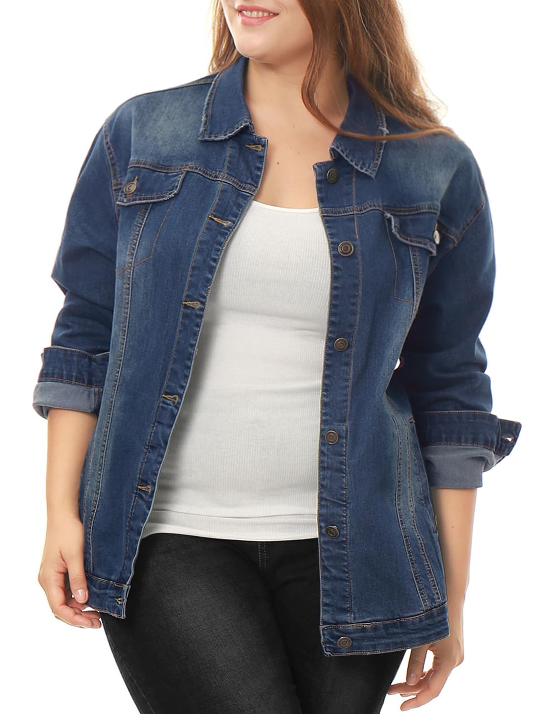 Allegra K Mujer Talla grande Manga Larga Cuello vuelto Botón Chaqueta Vaquera Chaqueta Azul