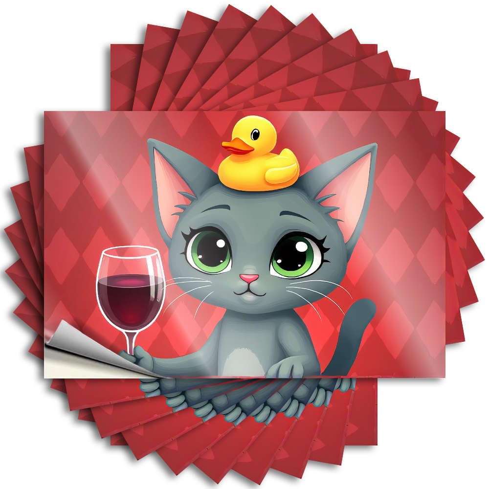 Decals Bathroom Accessories Decor Easy Apply | Cat with Wine Glass and Rubber Duck. Accent Tumbler Peel and Stick(12X18CM)