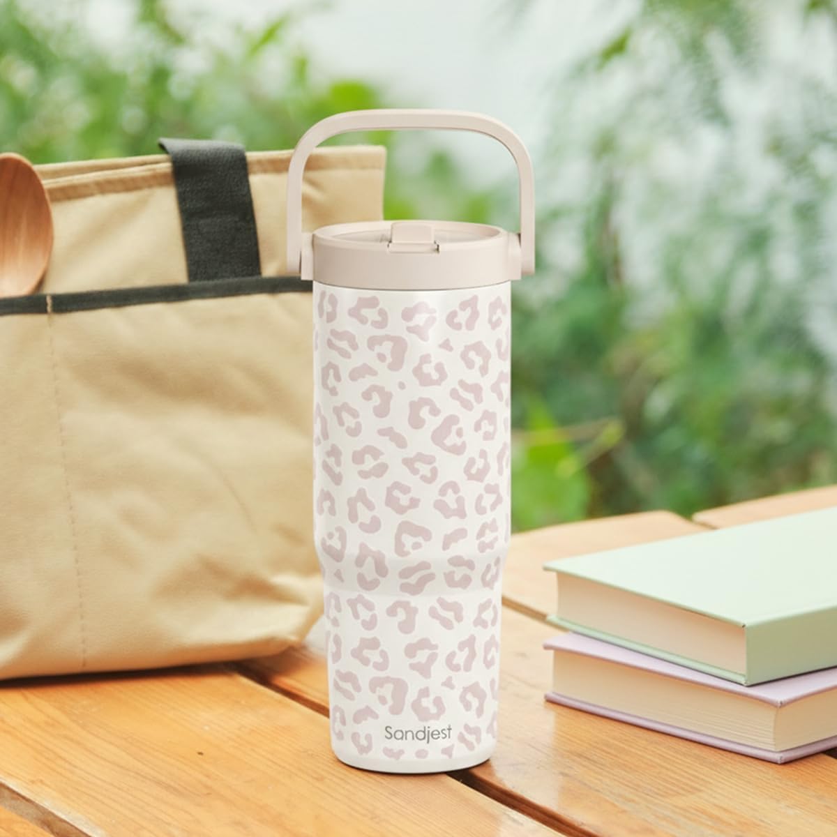 SANDJEST Leopard Skin Stainless Steel Straw Lid Tumbler 30oz with Carry Handle for Women Girls, Insulated Travel Coffee Cup, Gift for Sports Outdoor Workout Christmas Birthday (Beige) - Image 7