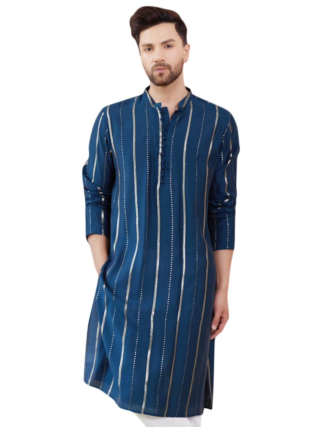 see designs Men Full Sleeve Side Slit Chanderi Silk Sequins Mandarin Collar Kurta-picture-51