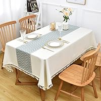 Vista 2 de Yofori Mantel de lino de algodón resistente para mesas rectangulares, mantel de celosía bordado sólido para decoración de mesa de cocina y comedor