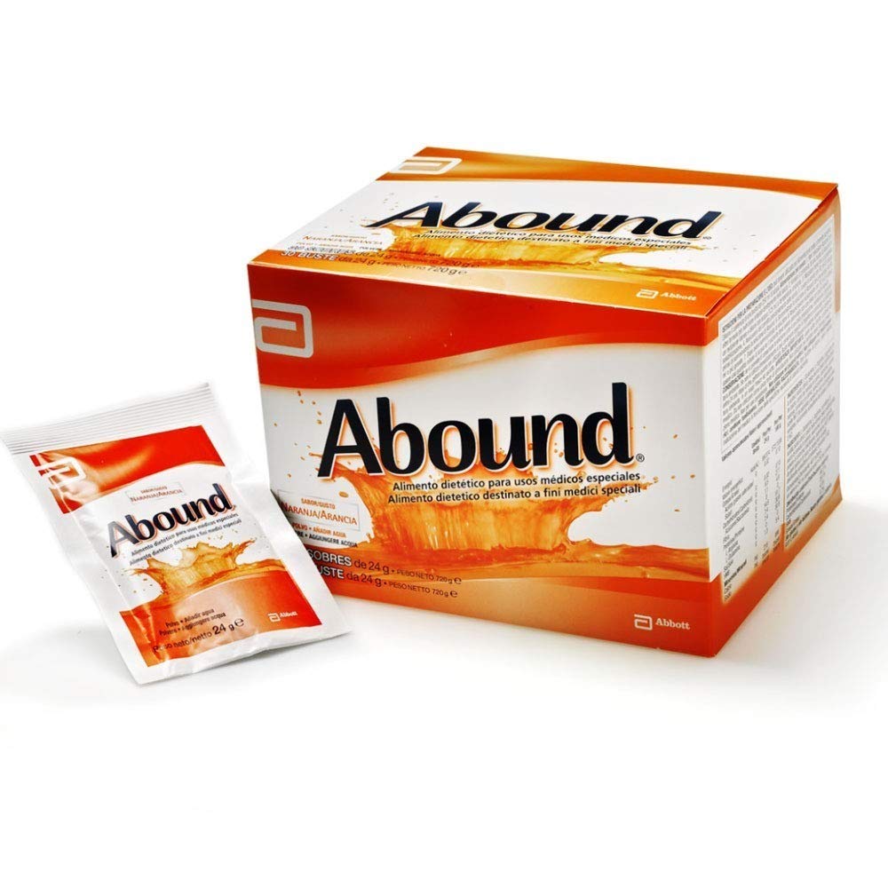 Abound Aminoácidos y HMB; mezcla de aminoácidos con arginina, glutamina y HMB. Sin gluten, sin lactosa. Sabor Naranja. Paquete 30 sobres x 24 g