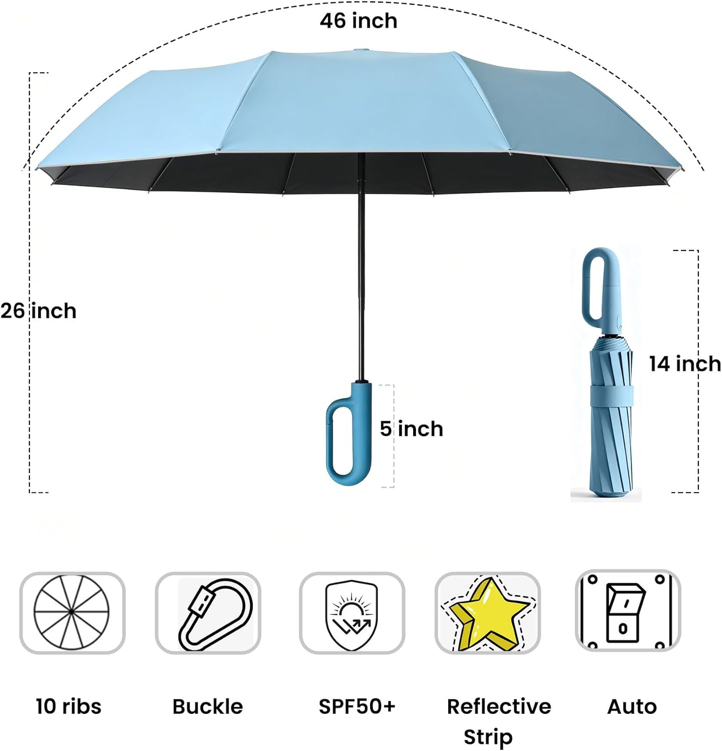 MRTLLOA Travel Essentials Ring Handle Umbrella, Windproof for SUN/UV and Rain with Reflective Stripe, Compact Folding Backpack Umbrella for Women Men, 10 Ribs