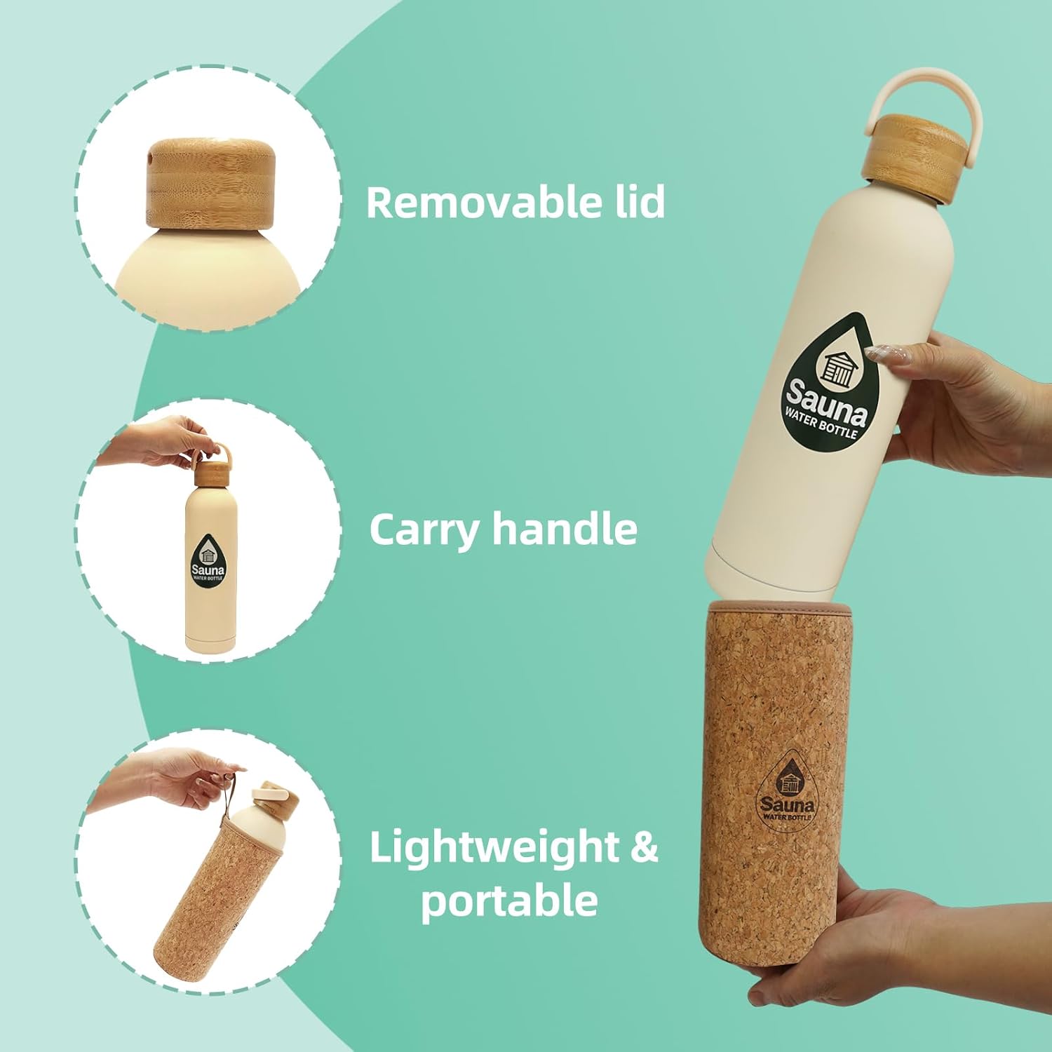 Sauna Water Bottle 25oz – Cool-to-Touch Double-Wall Stainless Steel Flask with Removable Cork & Neoprene Sleeve – Leakproof Bamboo Lid – Sweat-Free, Built for High-Heat Use (White)