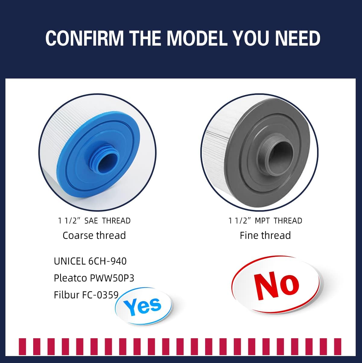 PWW50 Spa Filter, Replaces 6CH-940，Filbur FC-0359, 817-0050, 25252, 03FIL1400, PWW50P3(NOT PWW50P4), (1 1/2" Coarse Thread), Waterway Front Access Skimmer, SAE Thread Hot Tub Filter 2 Pack