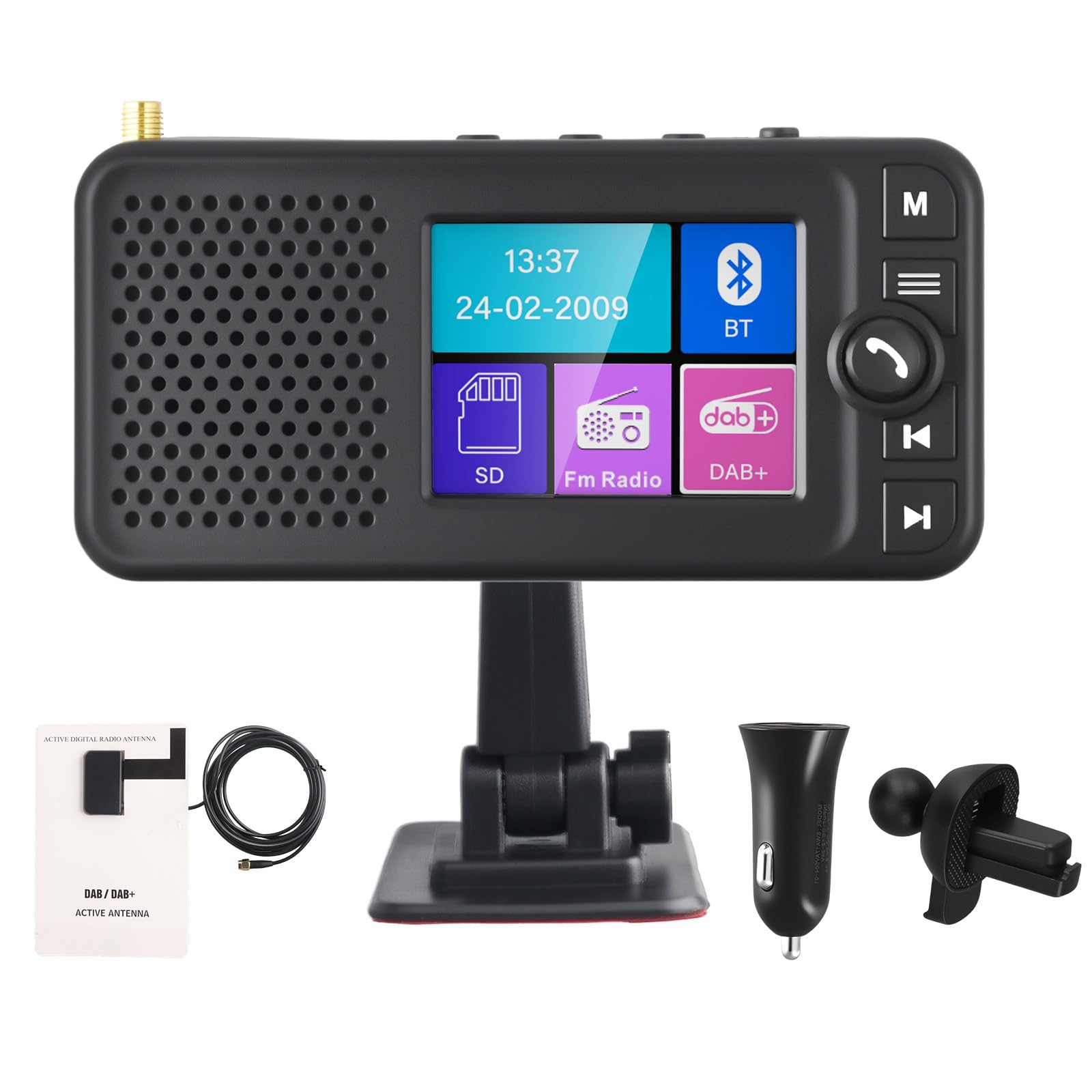 Hikity Adattatore DAB+ per Autoradio Bluetooth 2,4" LCD | Trasmettitore DAB/FM, Ingresso/Uscita Ausiliaria, Caricabatteria per Auto