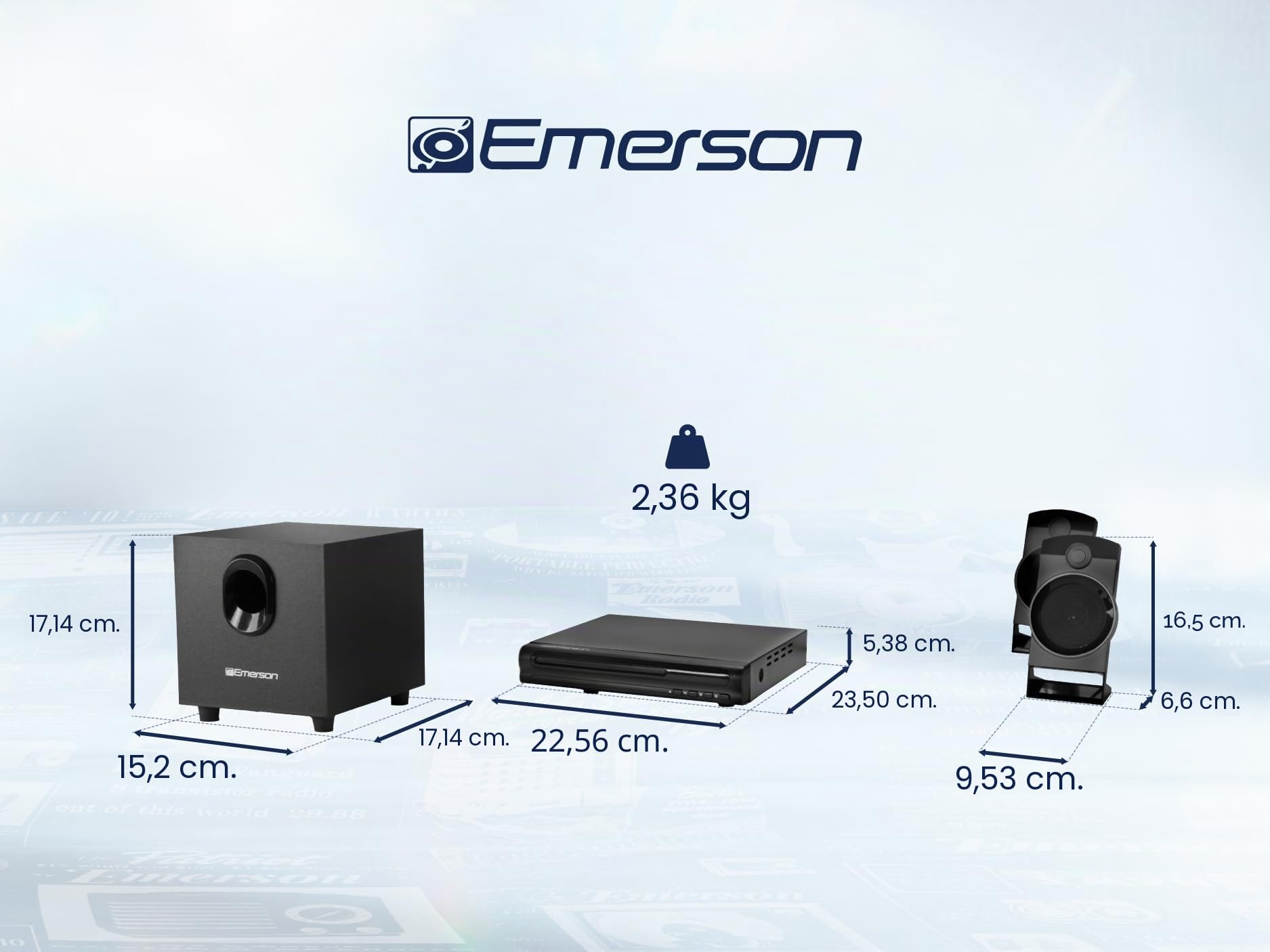 Emerson ED-8050 Système Home Cinéma 2.1 Canaux Lecteur DVD Son Surround Subwoofer Sortie HDMI Lecture USB Haut-Parleurs