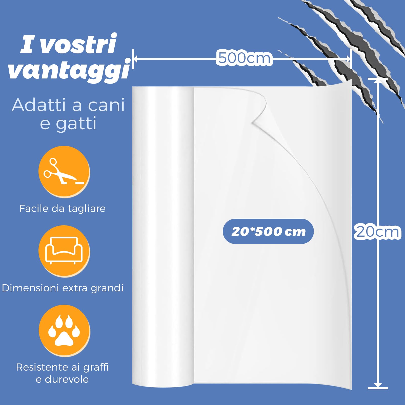 BeSokar Pellicola protettiva per divano, trasparente, antigraffio, per divano, pareti, porte, 500 x 20 cm