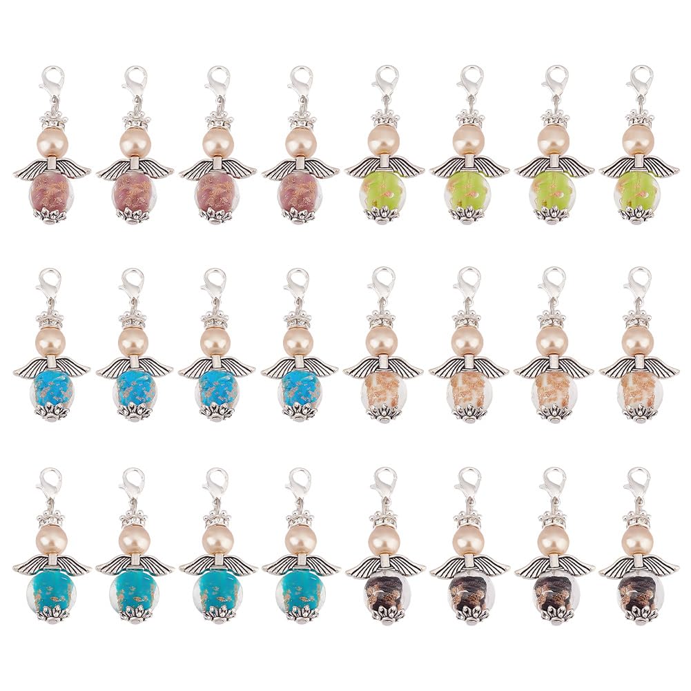 GOMAKERER 24 Pcs Angel Stitch Markers, Multicolor Locking Stitch Marker Alloy Wing Lampwork Glass Pearl Beads Needle Clip for Knitting Weaving Sewing Tracking Quilting Grandma Mom DIY