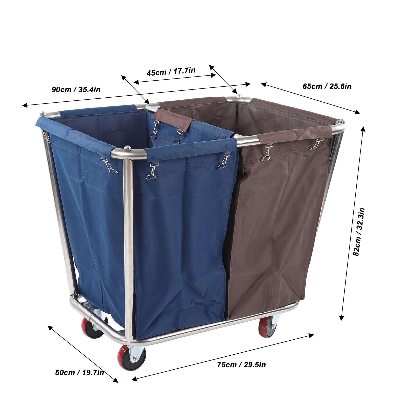 Carrello portabiancheria con 4 ruote, acciaio inossidabile, 2 sacchetti di stoffa, struttura modulare, selezione a secco bagnato, scene applicabili