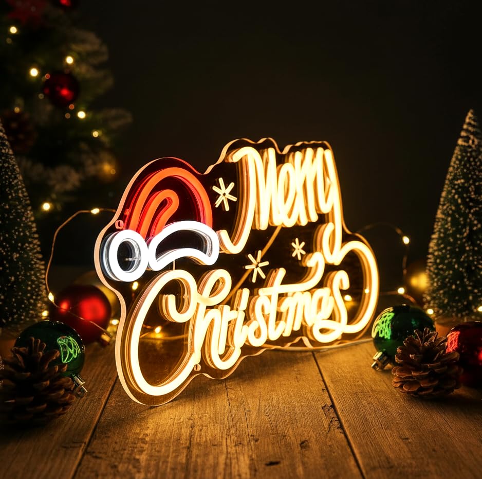 Image of Neon Sign with Santa Hat, 16x9 In Xmas Led Neon Sign USB Powered Merry Christmas Neon Light Up Sign for Home Wall Decor Kids New Year Party Backdrop