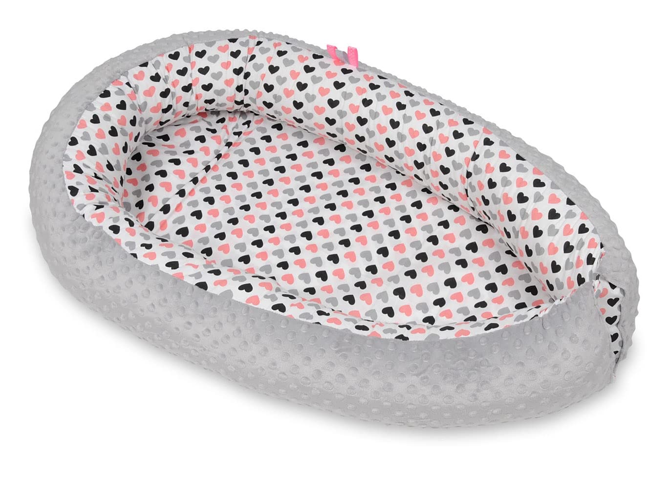 Velinda El Nido para bebé recién Nacido (PATRÓN: Corazones Rosa-Negro-Gris - Gris)