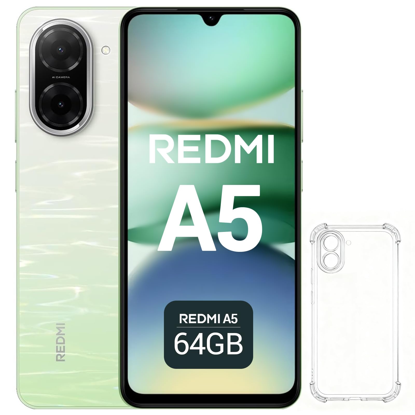 XIAOMI Redmi A5 Smartphone 6.88" HD+ 120Hz 3GB+64GB | Dual SIM 4G+ microSD | Batteria 5200mAh | Fotocamera 32MP | Senza Caricatore - Verde | Include Custodia Protettiva