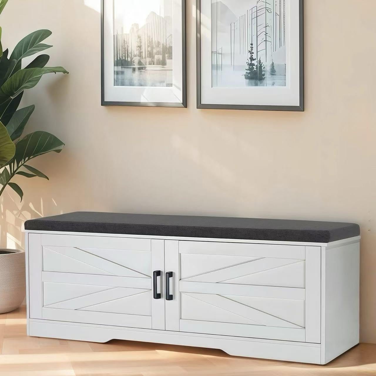 Modern Storage Benches with Soft Cushions, 2-Layer Shoe Stools, 2 Barn Doors and 2 Adjustable Shelves, Entrance Stools for Foyer, Living Room and Bedroom (White)