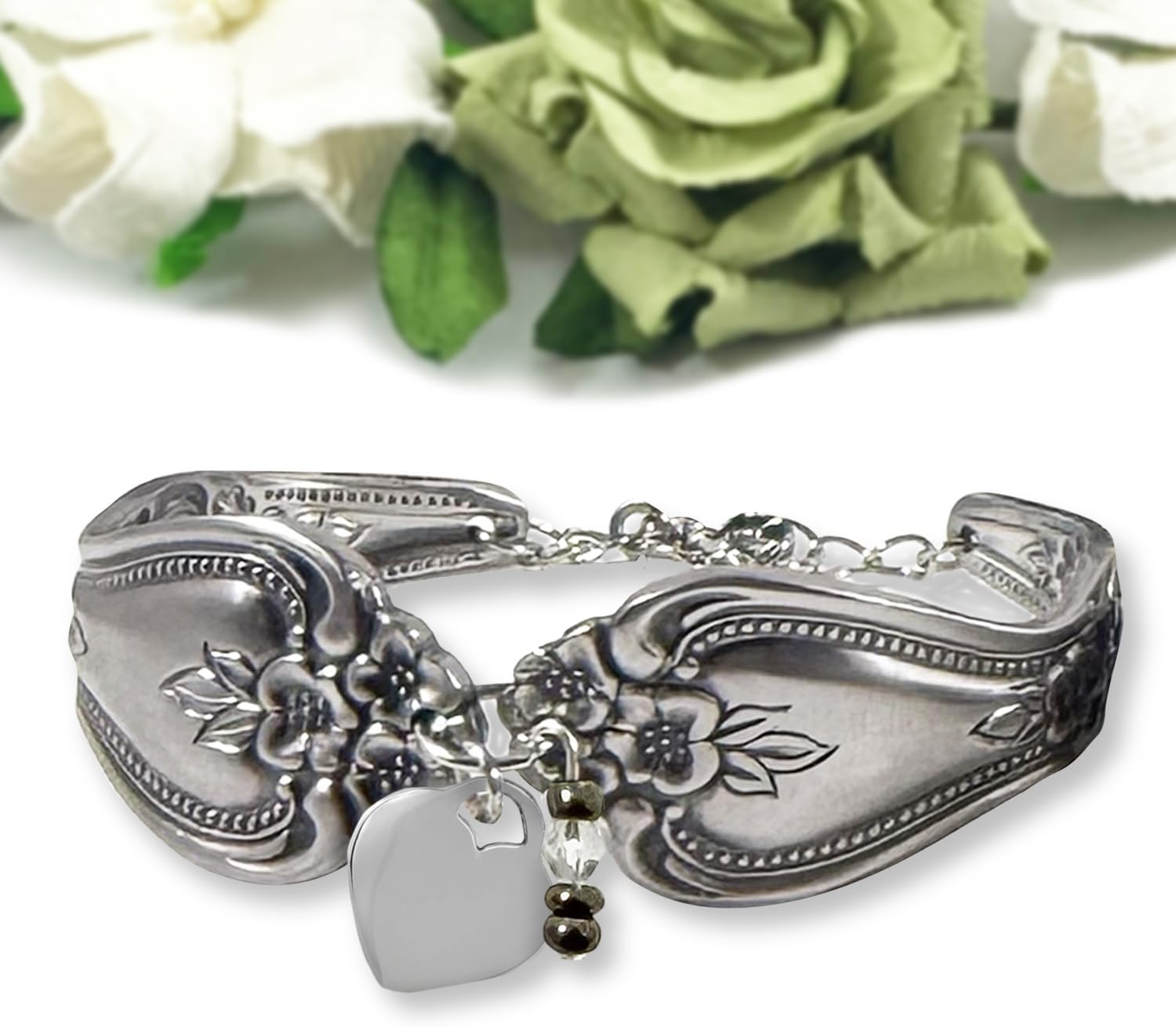 STAMPING CAT STUDIO FINE JEWELRY, STAMPING & DESIGN Vintage Stainless Steel Flatware Bracelet With Heart Charm and Beads, handmade