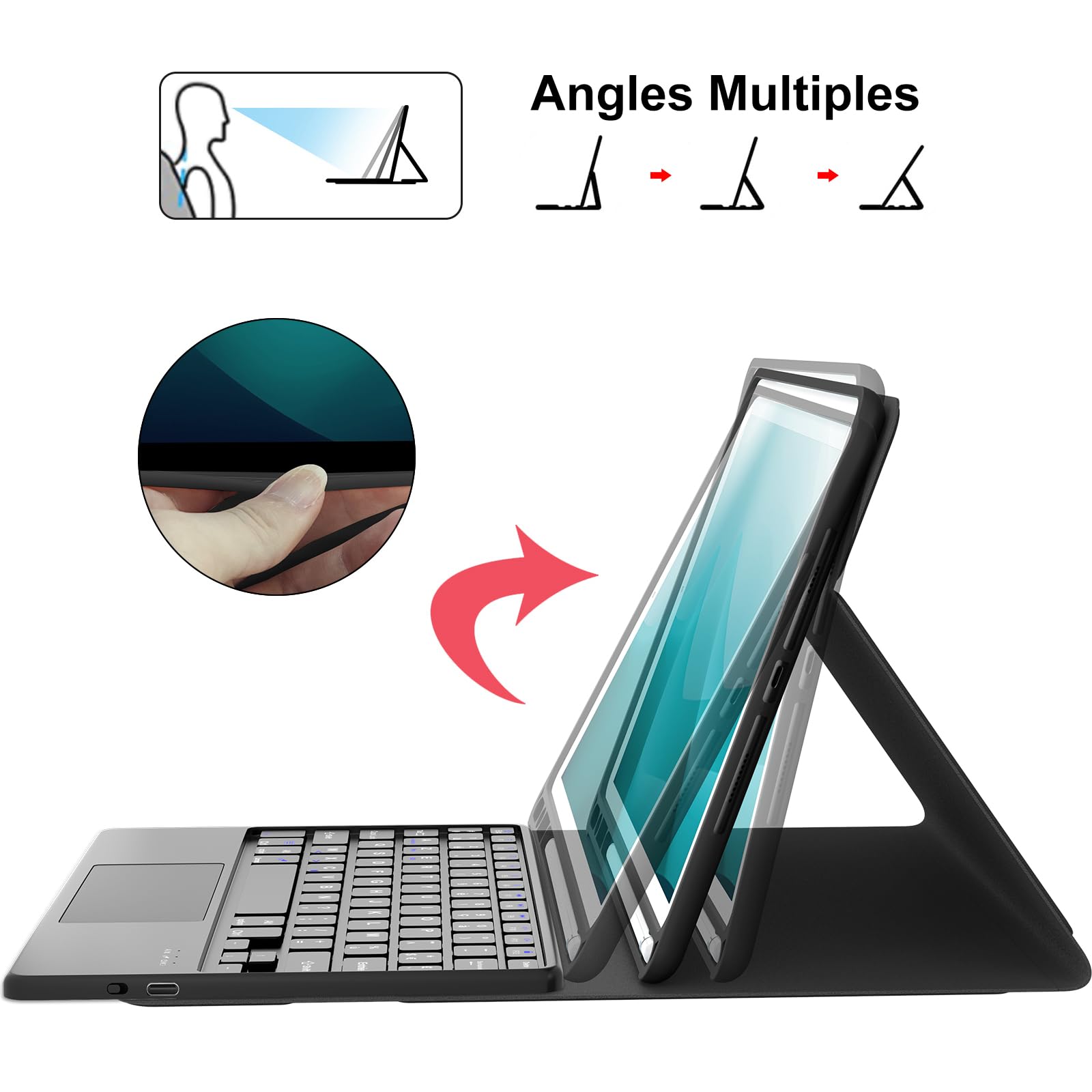 Carcasa para teclado con teclado táctil para iPad 9e/8e/7ª generación de 10,2 pulgadas, funda de teclado Bluetooth desmontable con soporte para iPad 2021/2020/2019 10.2"/Air 3 2019/Pro 10.5 2017