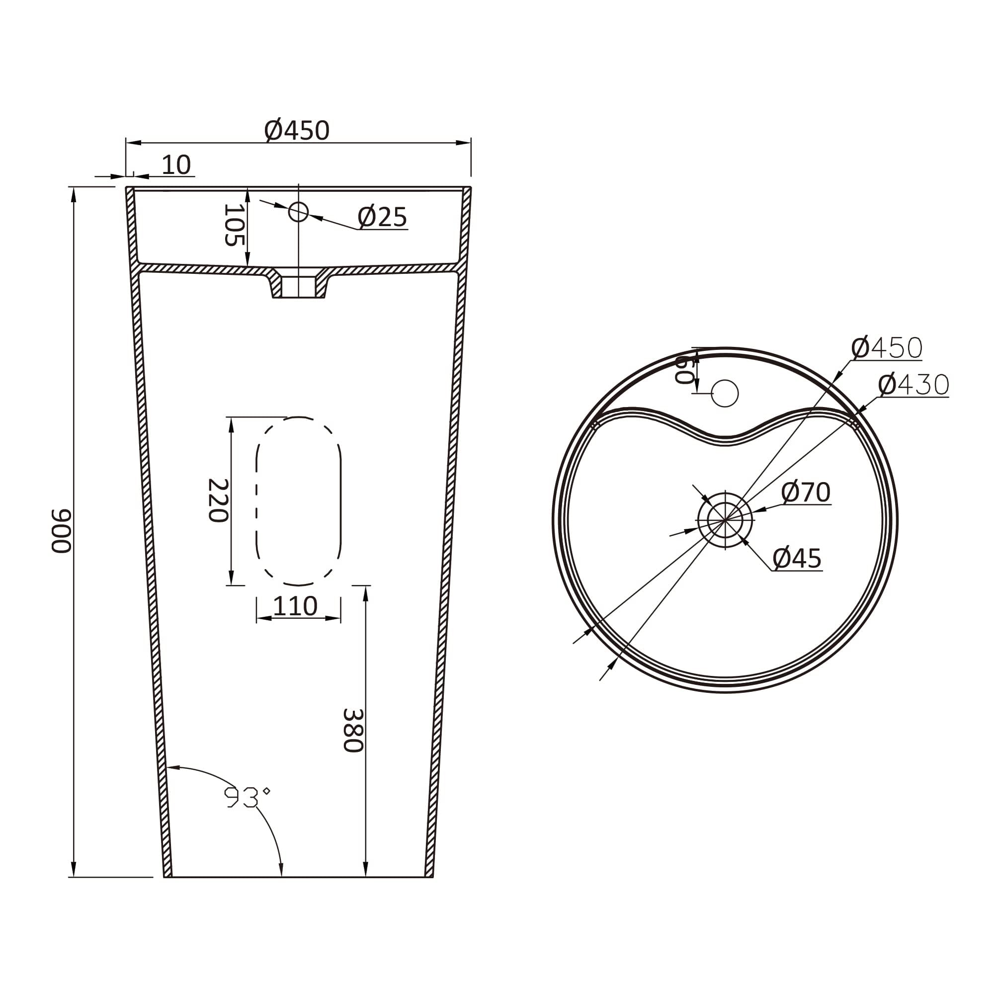 Mai & Mai Lavabo sur Pied Rond 45x45x90cm Blanc avec Trop-Plein | Lave Mains, Perçage Robinet, Résine de Synthèse, pour Salle de Bains Contemporaine, Colossum35