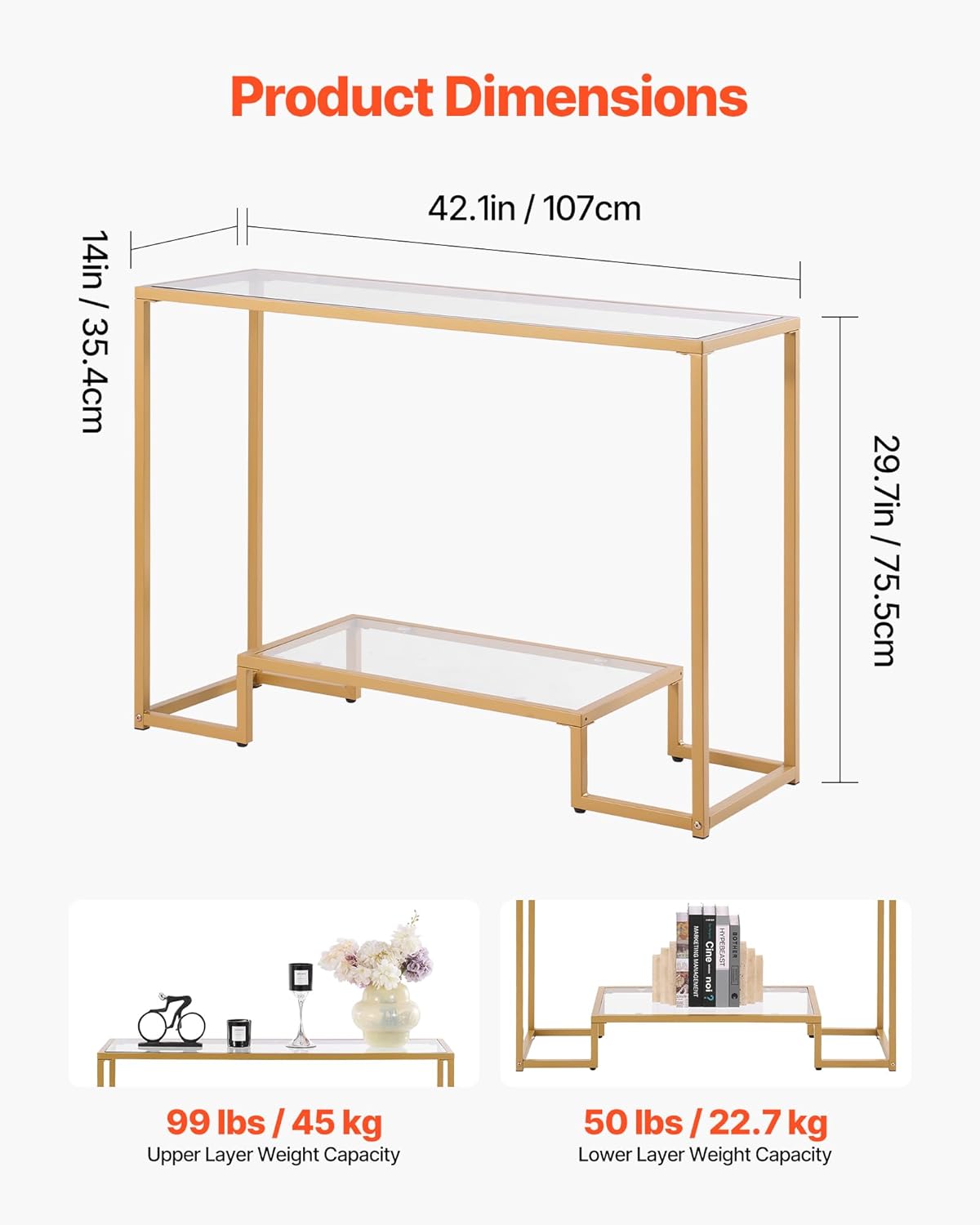 VEVOR 2-Tier Glass Console Table, Modern Rectangle Sofa Side Table with Tempered Glass Top and Iron Legs, Golden Consloe Desk with Anti-Tip Device for Living Room, Hallway, Entryway, Foyer, Golden