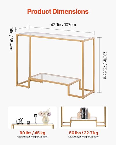 Miniatura 3 de VEVOR Mesa consola de cristal, mesa de entrada de 42 pulgadas, mesa de sofá rectangular moderna con parte superior de vidrio templado y patas de