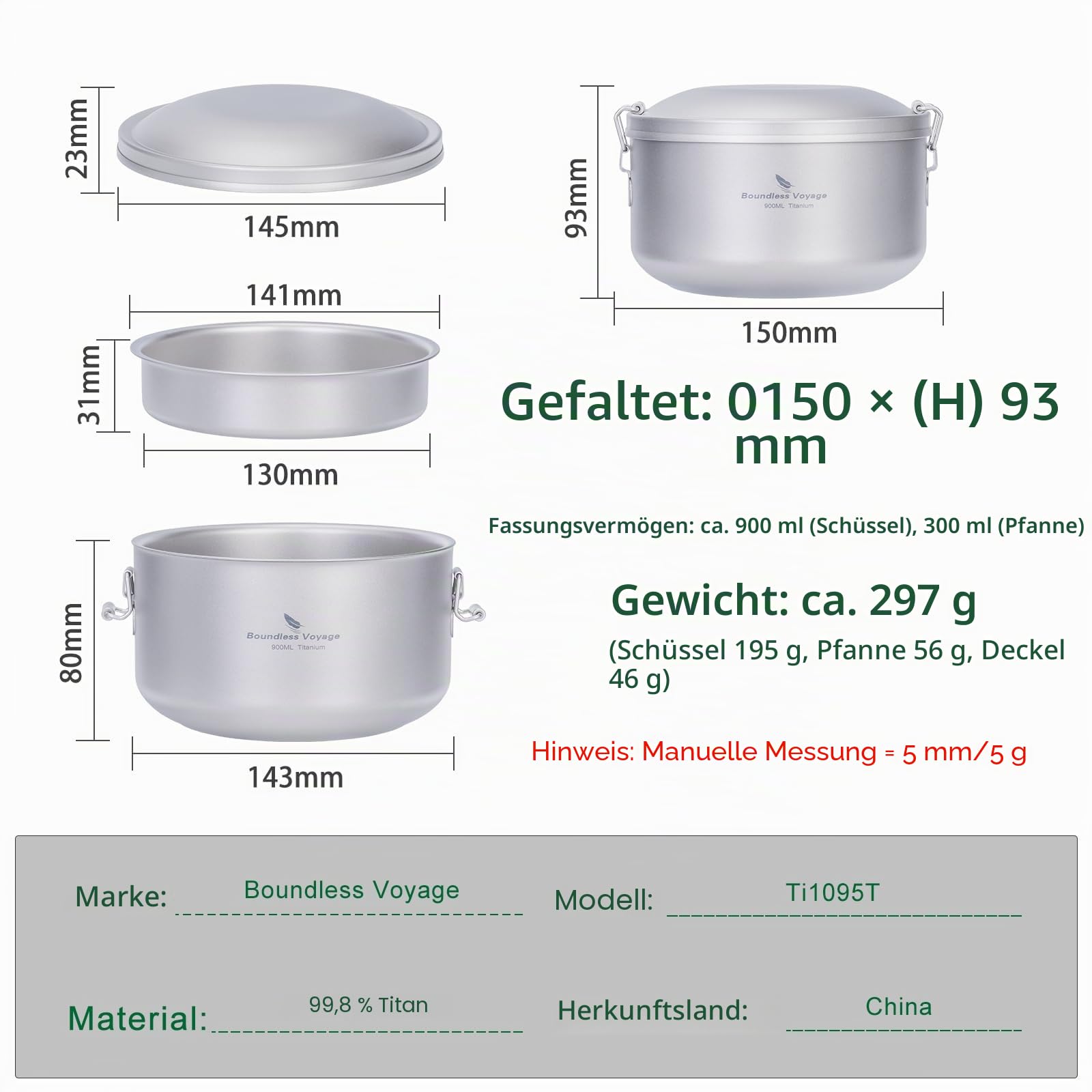 iBasingo Titan Brotdose Outdoor Bento Box Leichte Täglicher Büroangestellter Camper Student Dinner Box 900ml Schüssel 250ml Gericht Set mit Deckel Getrennte Mehrschichtige Geschirr Mess Kits Ti1095T