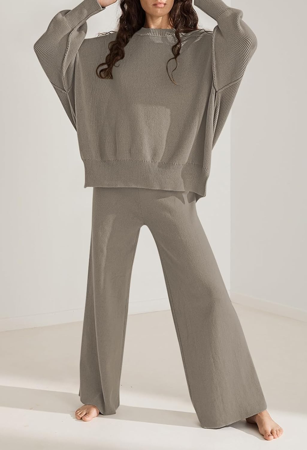 Pink Queen Women's 2 Piece Outfits Sweater Sets Knit Pullover Tops And Wide Leg Pants Loose Tracksuit Lounge Set - Image 2