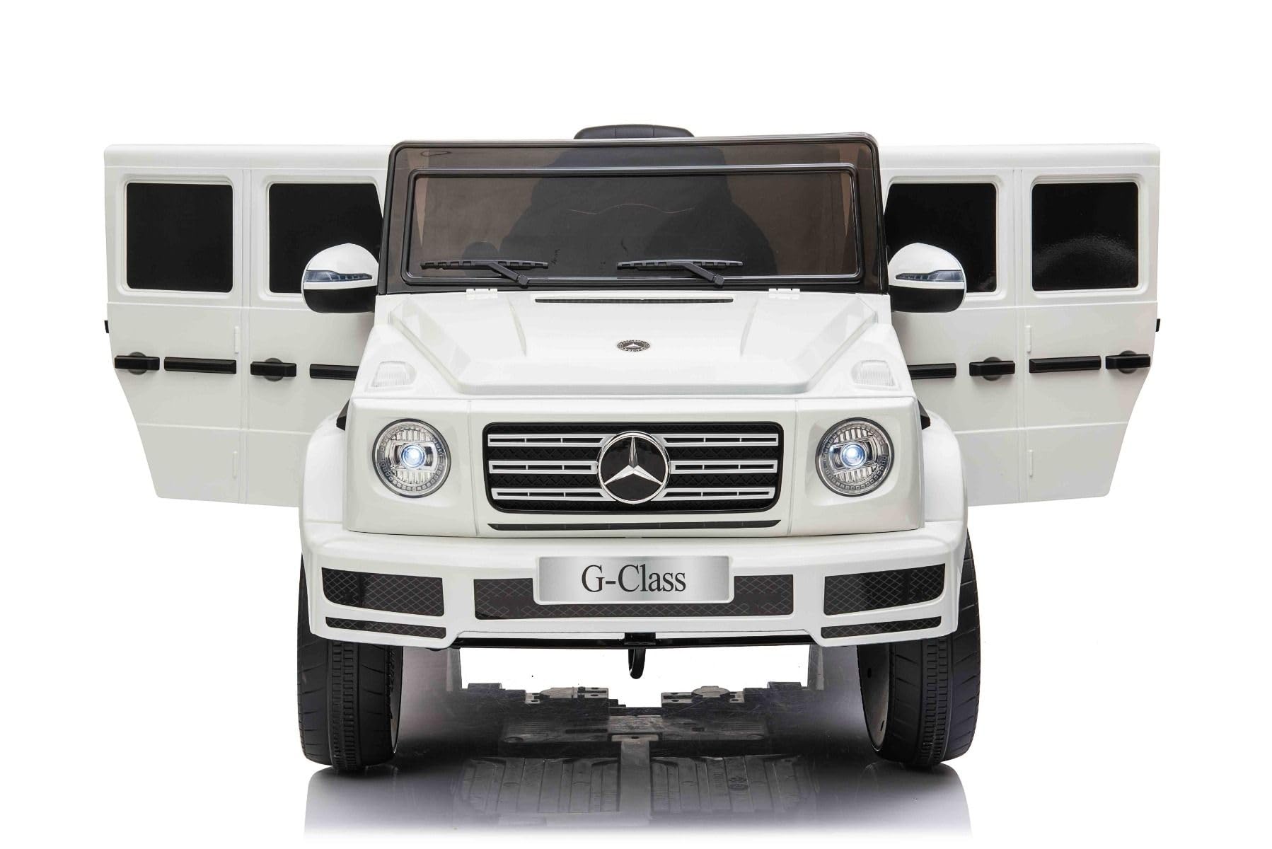 RIRICAR Samochód elektryczny Mercedes G500 12V, biały, pilot 2,4 GHz, wejście USB/SD, tylne zawieszenie, bateria litowa, oświetlenie LED, oryginalna licencja