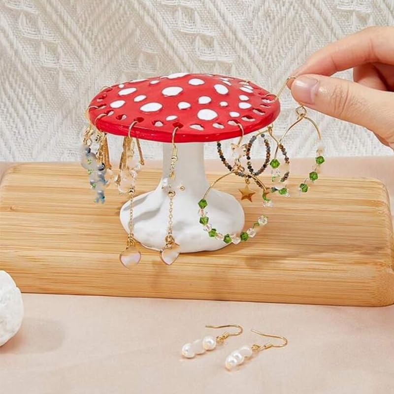 Red Spotted Amanita Mushroom Earring Holder Stand, Resin Multi-Hole Jewelry Organizer Rack, Dangle Earring Hanging Display, Cottagecore Forest Decor for Vanity Bedroom Dresser