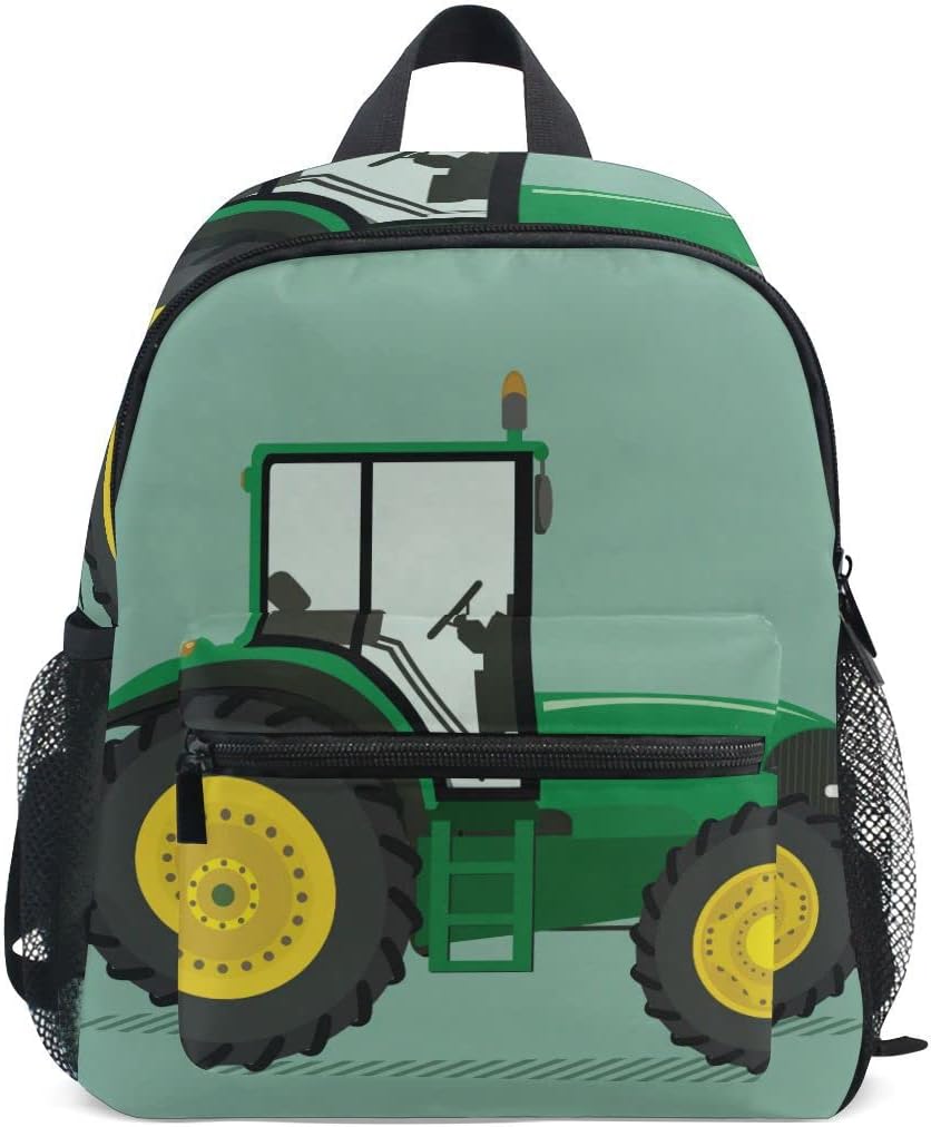 Fisyme Toddler Backpack Green Yellow Tractor School Bag Kids Backpacks for Kindergarten Preschool Nursery Girls Boys, S