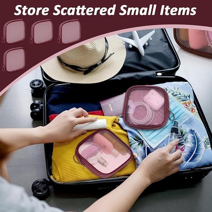 PRUVIA 4pcs Mesh Makeup Pouch Small Zipper Cosmetic Bags for Women 4.7'' Square Fashion Lipstick Pouches for Women, Nylon Mini Cash Toiletry Organizer Bag for Daily Accessories - Wine Red 4