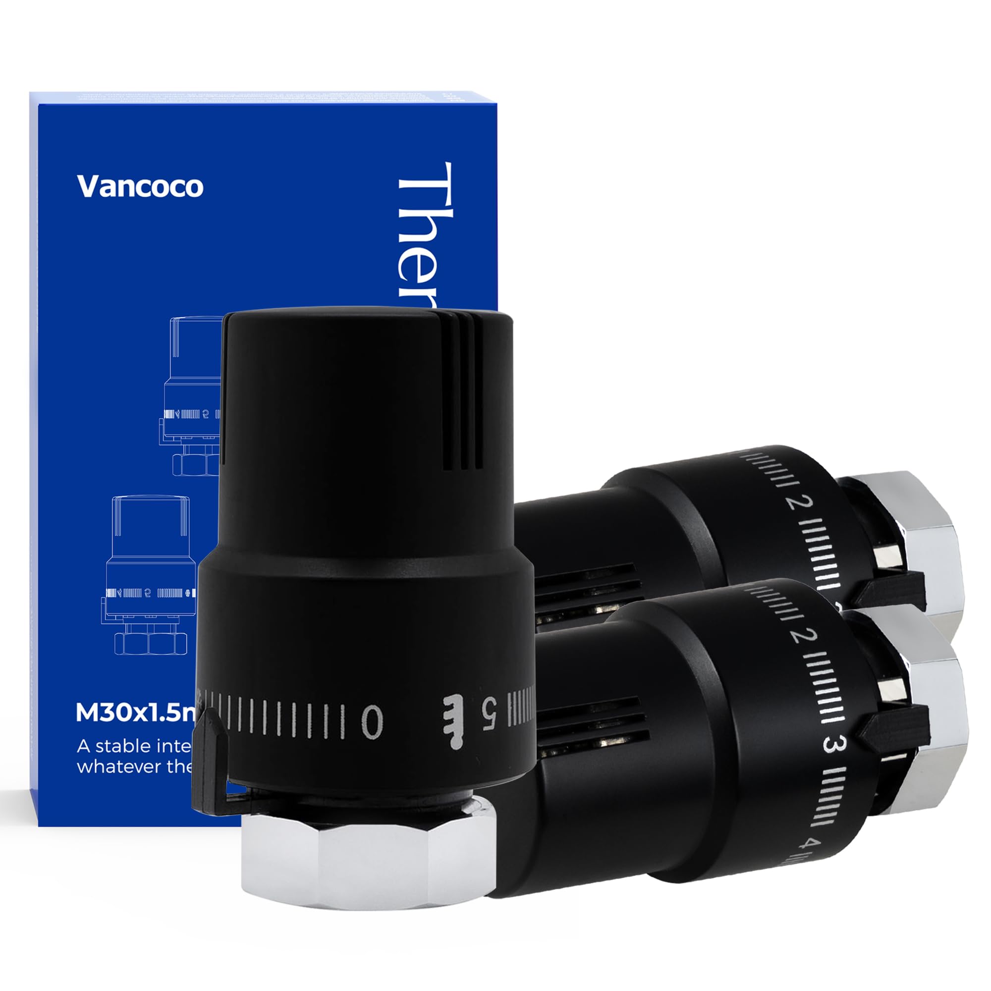 VANCOCO 3 STK. Thermostatkopf Heizkörperventil M30×1,5 mm, Schwarz, Flüssig-Fühler, Frostschutzstellung