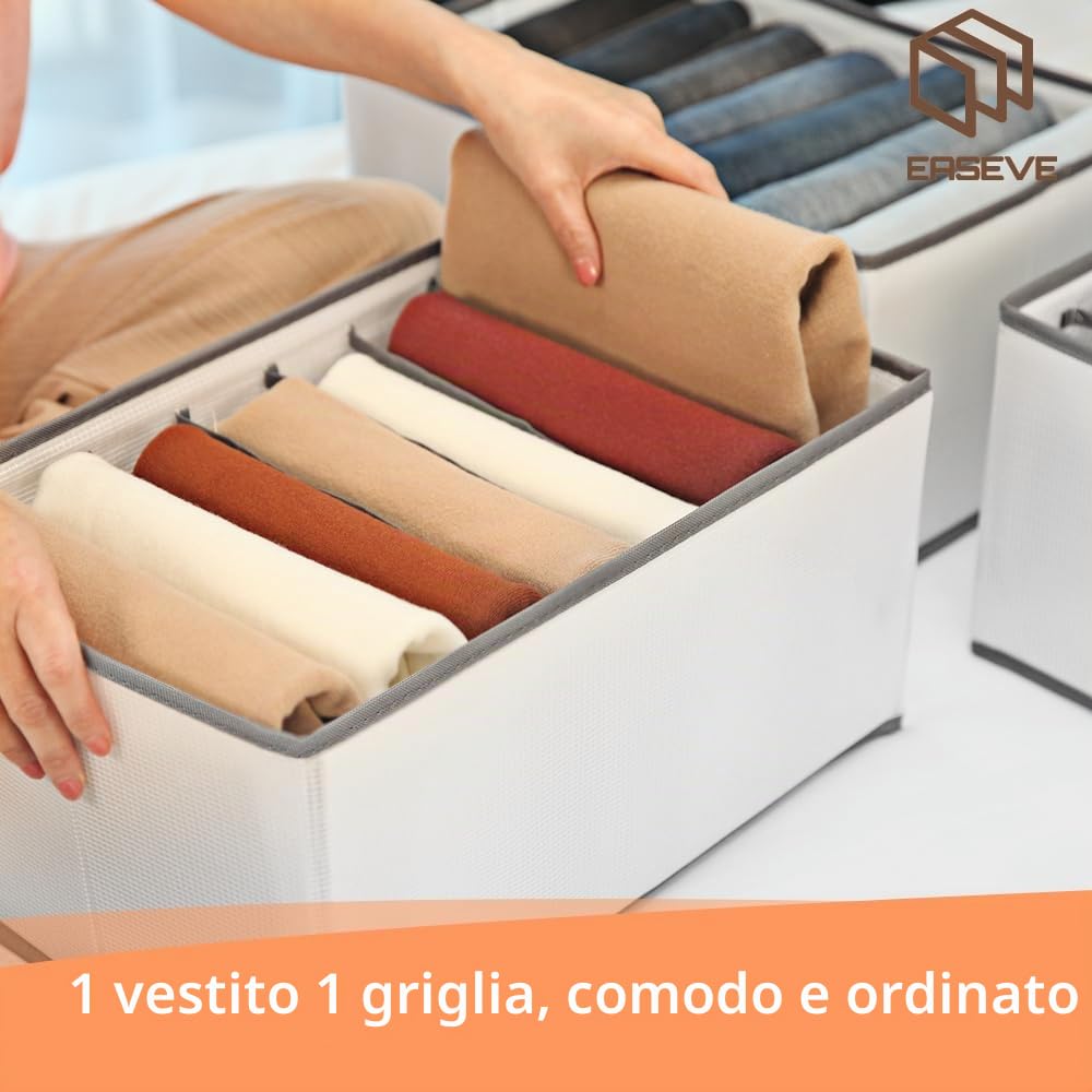 EASEVE Confezione da 6 organizer per armadio e vestiti – Divisori pieghevoli per cassetti a 7 scomparti, organizer per jeans, pantaloni, camicie, pantaloni, scatole impilabili per abbigliamento